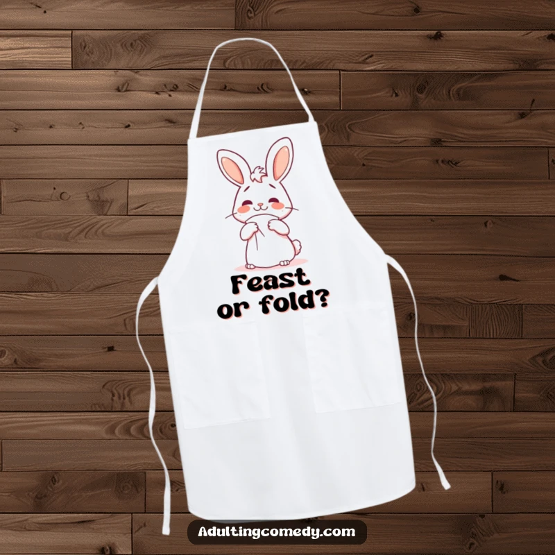 Funny bunny apron featuring a cheerful but confused rabbit struggling to fold a giant napkin, a perfect funny kitchen gift.