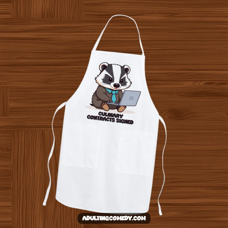Funny badger apron wearing a tiny tie, ready for kitchen duty, a humorous cooking accessory.