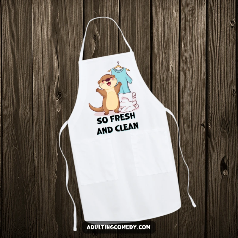 Funny otter apron featuring a joyful animal dancing beside a pile of clean laundry, a perfect funny kitchen gift.