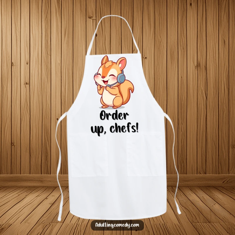 Funny squirrel apron with headset and phone, ready for any task, kitchen humor.