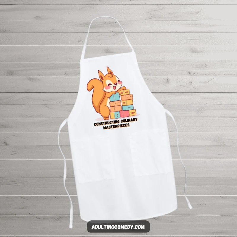 Funny squirrel apron featuring a determined rodent stacking tiny blocks with precarious enthusiasm, perfect for a funny kitchen gift.