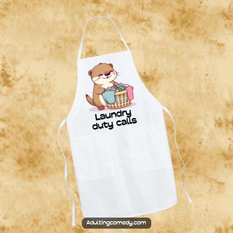 Funny otter apron with a giggling otter looking bewildered at a giant laundry basket, kitchen humor.