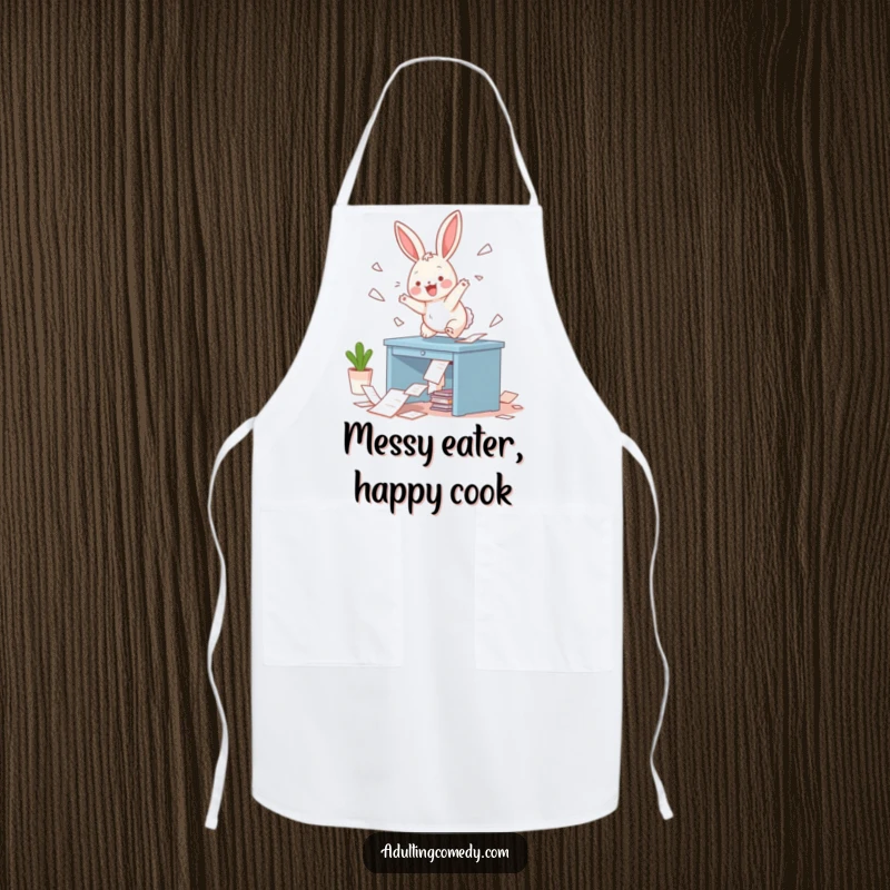 Funny Bunny Apron: A playful bunny hops on a tiny desk, scattering papers with glee, making kitchen time hilariously fun for chefs.