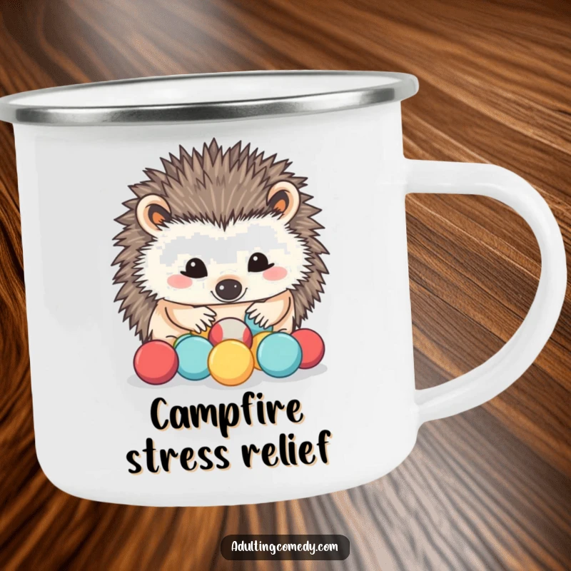 Funny Hedgehog Camping Mug: A determined hedgehog carefully sorts miniature stress balls with its nose, ideal for outdoor stress relief and humorous mornings.