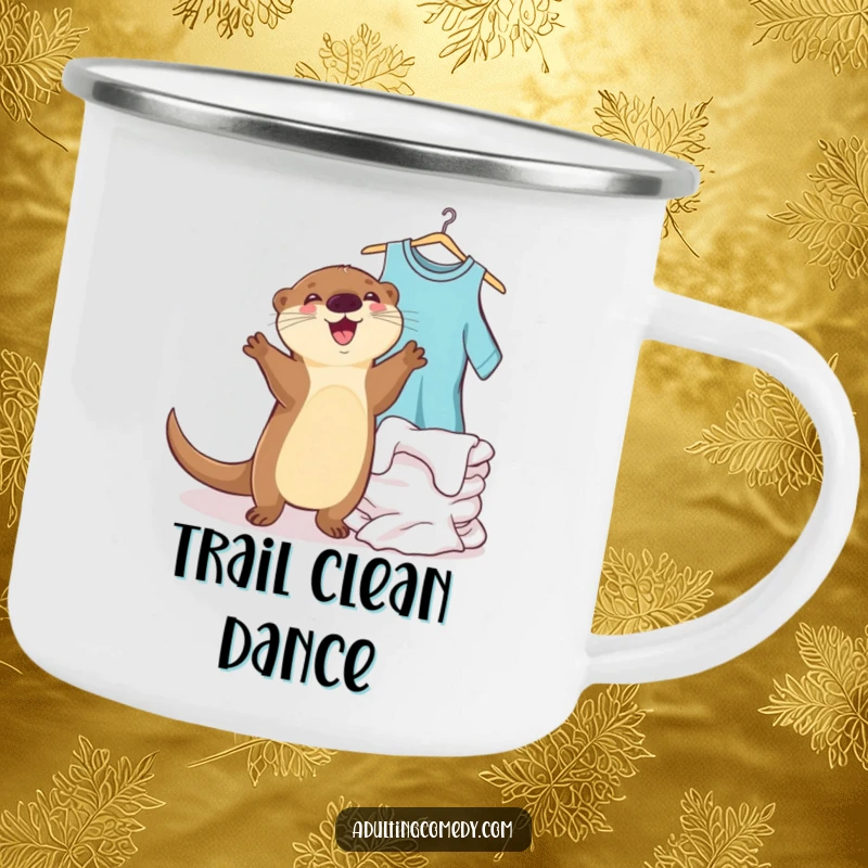 Funny otter camping mug showing a joyful animal dancing next to a pile of clean laundry, great for outdoor gifts.