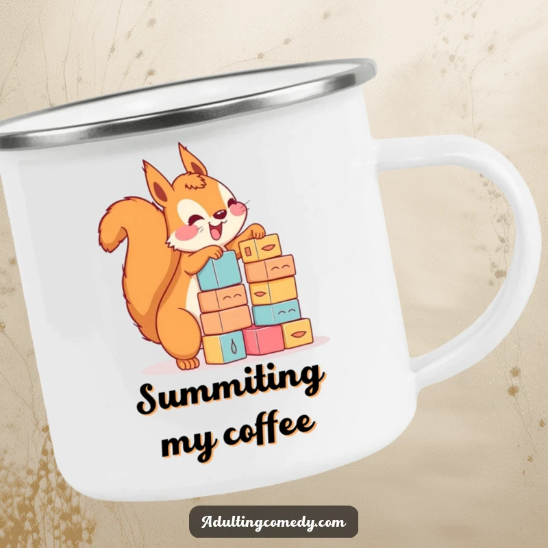 Funny squirrel camping mug depicting a happy rodent stacking small blocks with precarious enthusiasm, great for outdoor gifts.