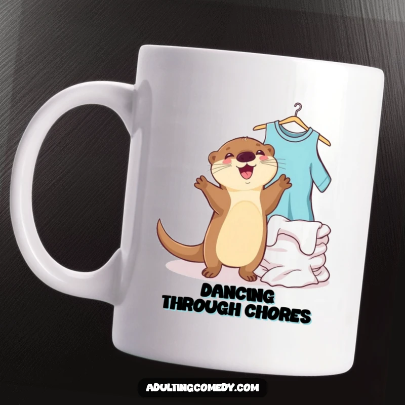 Funny otter mug showing a joyful creature dancing ecstatically next to a pile of perfectly clean laundry, a funny gift.