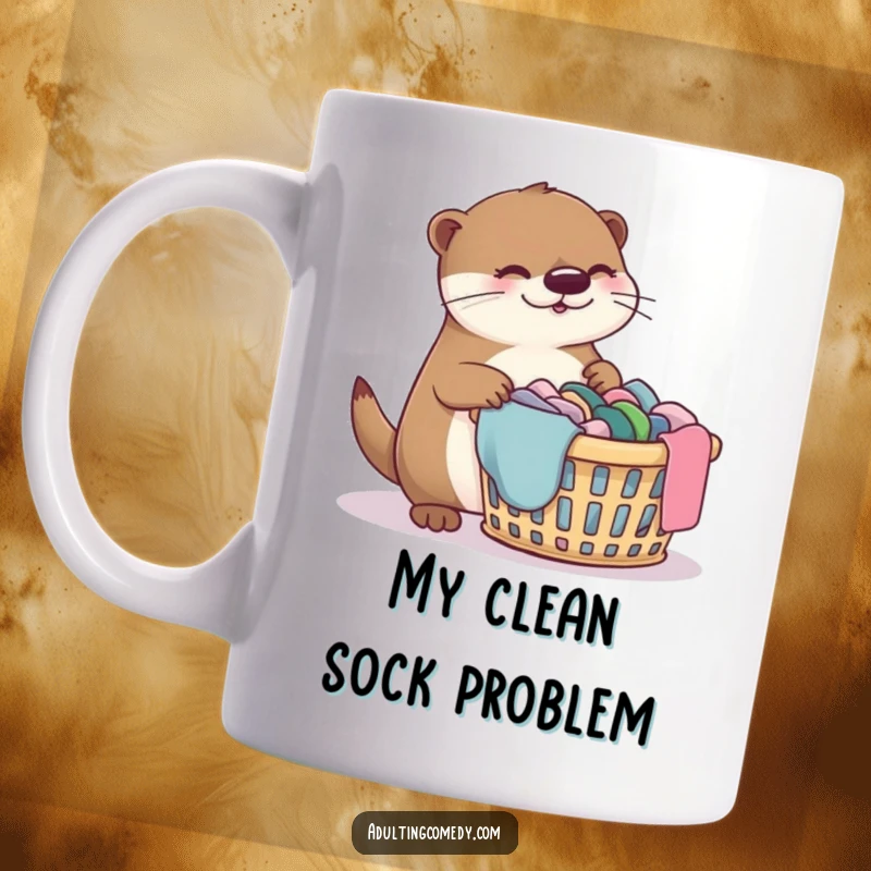 Funny otter mug with a bewildered expression, staring at an overflowing laundry basket, a relatable gift.