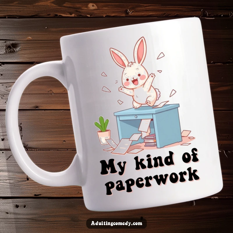 Funny Bunny Mug: A playful bunny enthusiastically hops onto a miniature desk, scattering papers with infectious glee, perfect for office humor gifts.