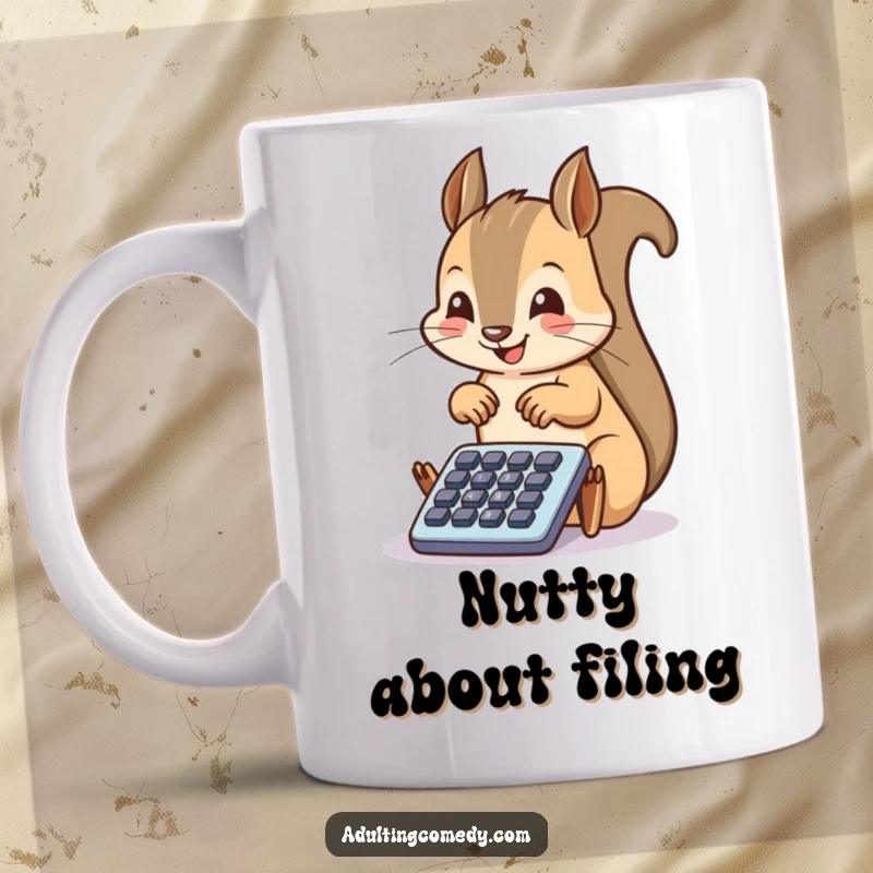 Funny Squirrel Mug: A happy squirrel enthusiastically taps on a tiny mock filing cabinet drawer, symbolizing organized chaos and productivity humor.