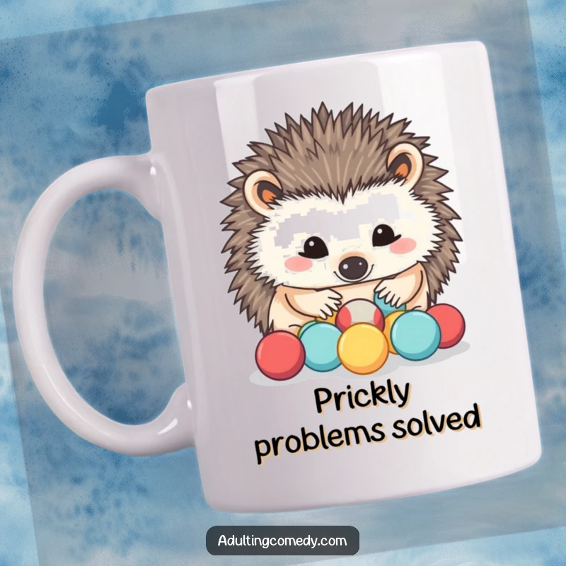 Funny Hedgehog Mug: A determined hedgehog carefully sorts miniature stress balls with its nose, symbolizing humorous stress management.