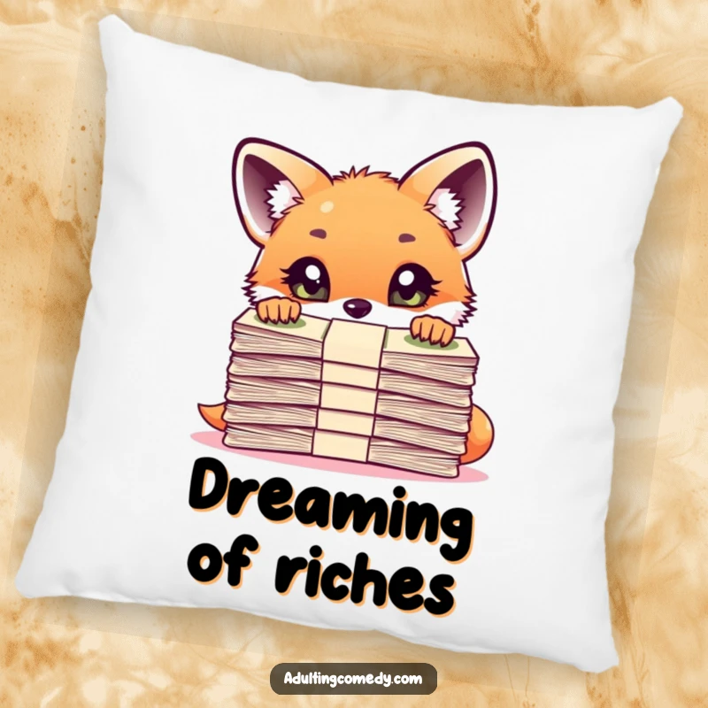 Funny Fox Pillow: A curious fox cub peers over a large stack of bills with wide eyes, offering cozy comfort and humorous financial relatability.