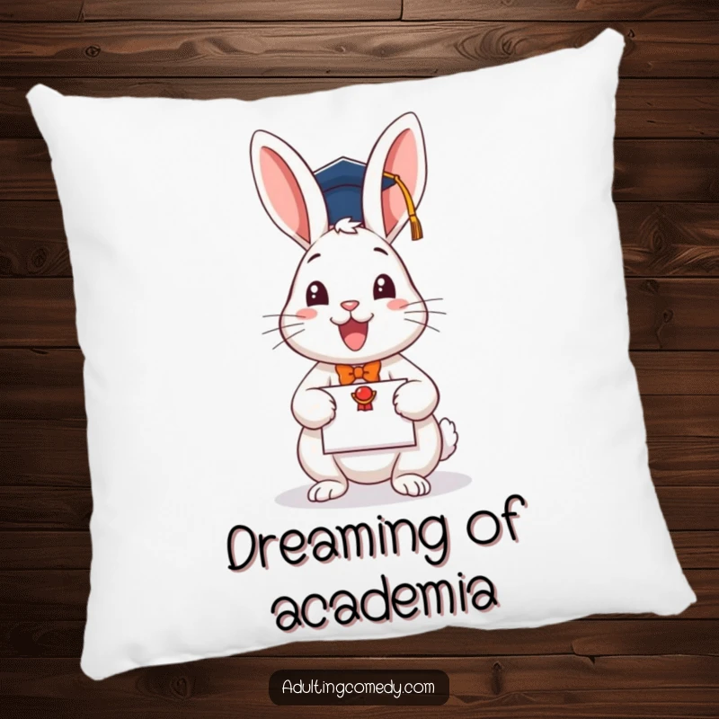 Funny graduation pillow featuring a happy rabbit with a diploma, a soft and humorous decorative item.