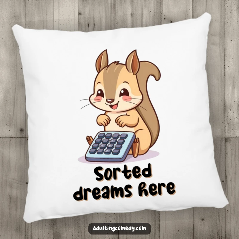 Funny Squirrel Pillow: A happy squirrel taps enthusiastically on a tiny filing cabinet drawer, bringing cozy humor and organizational charm to any room.