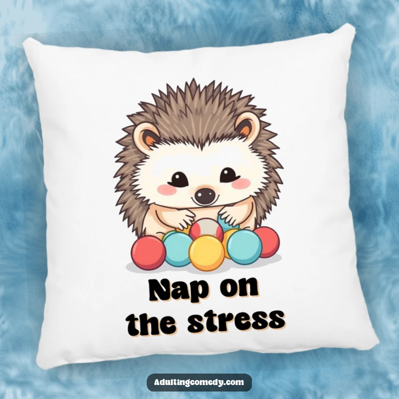 Funny Hedgehog Pillow: A determined hedgehog carefully sorts miniature stress balls with its nose, bringing cozy humor and coping charm to any room.