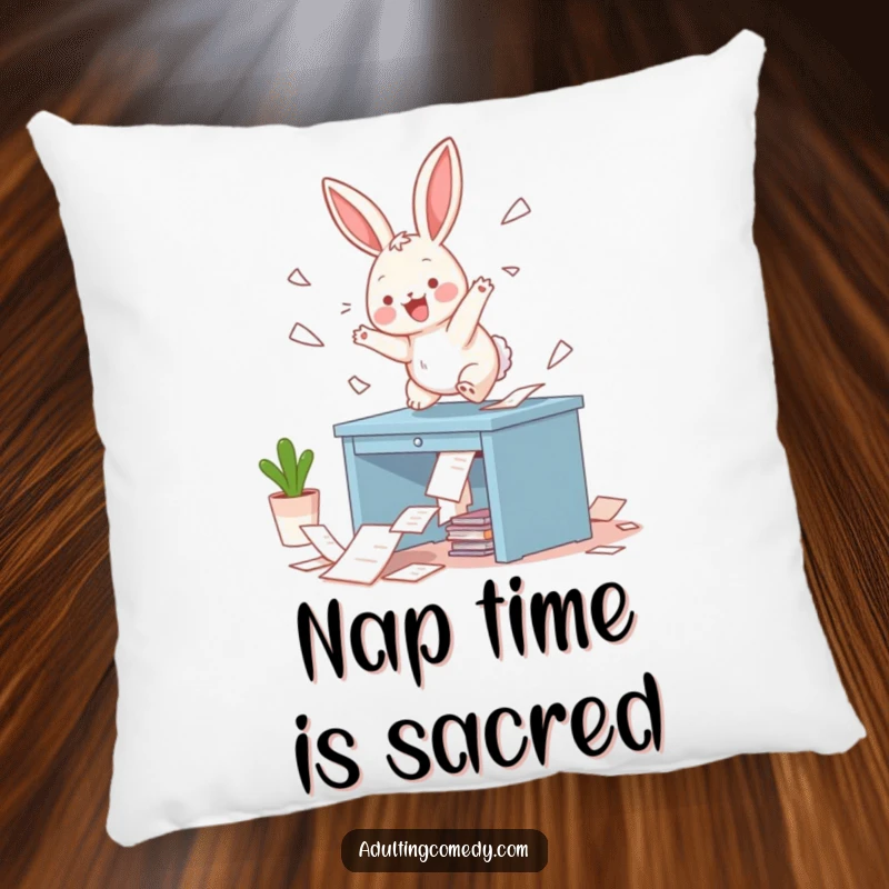 Funny Bunny Pillow: A playful bunny hops on a miniature desk, scattering papers with energetic glee, bringing cozy, humorous vibes to any room.