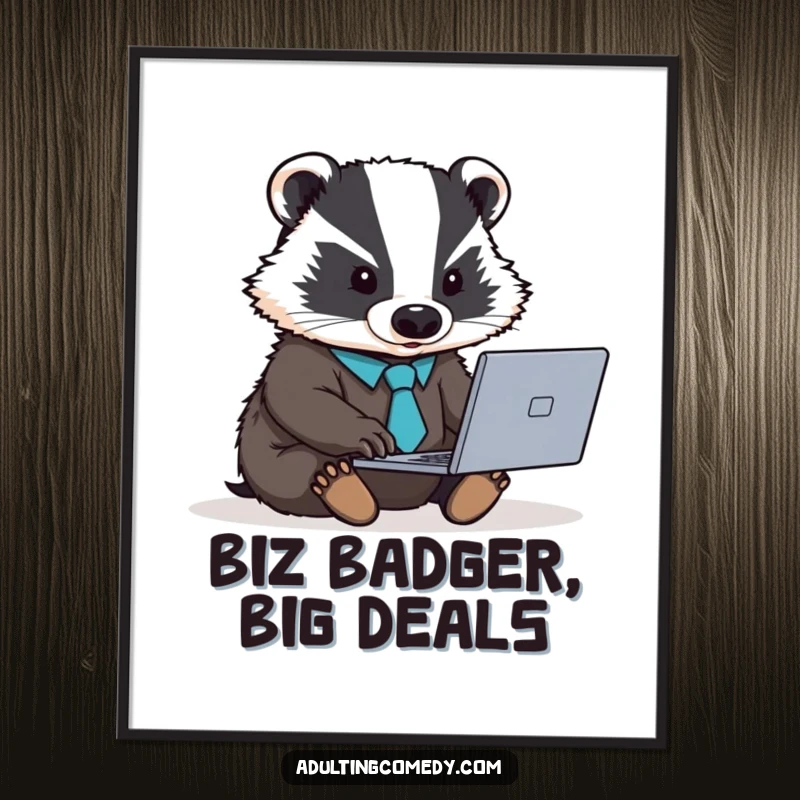 Funny badger digital art print of a determined animal in a tie working on a laptop.