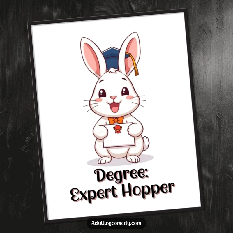 Funny graduation digital art print of a rabbit with a diploma, instant humorous decor gift.