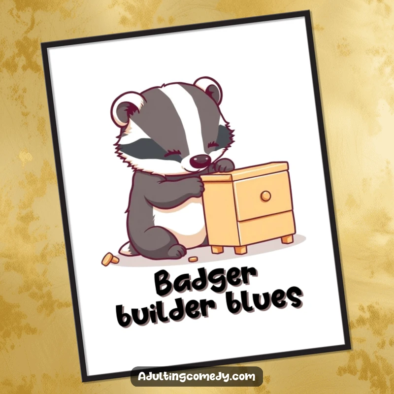 Funny badger digital art print of a busy animal carefully assembling a small, wobbly piece of furniture, ideal decor.