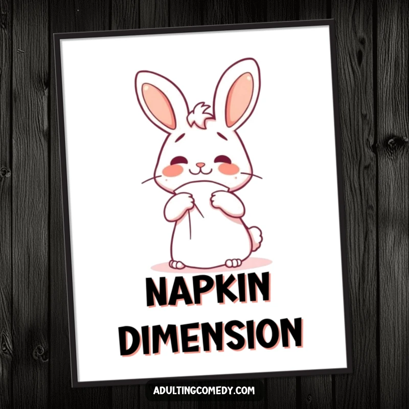 Funny bunny digital art print of a cheerful rabbit looking confused while trying to fold a massive napkin, ideal decor.