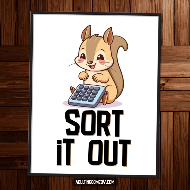 Funny Squirrel Digital Art Print: A happy squirrel taps enthusiastically on a tiny filing cabinet drawer, offering instant, humorous organizational decor.