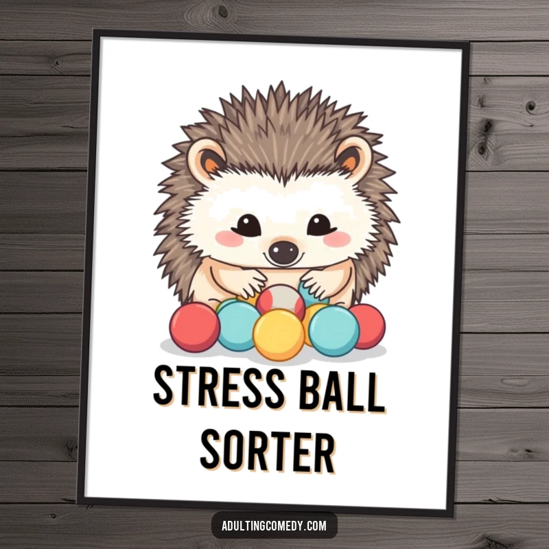 Funny Hedgehog Digital Art Print: A determined hedgehog carefully sorts miniature stress balls with its nose, offering instant, humorous stress relief decor.