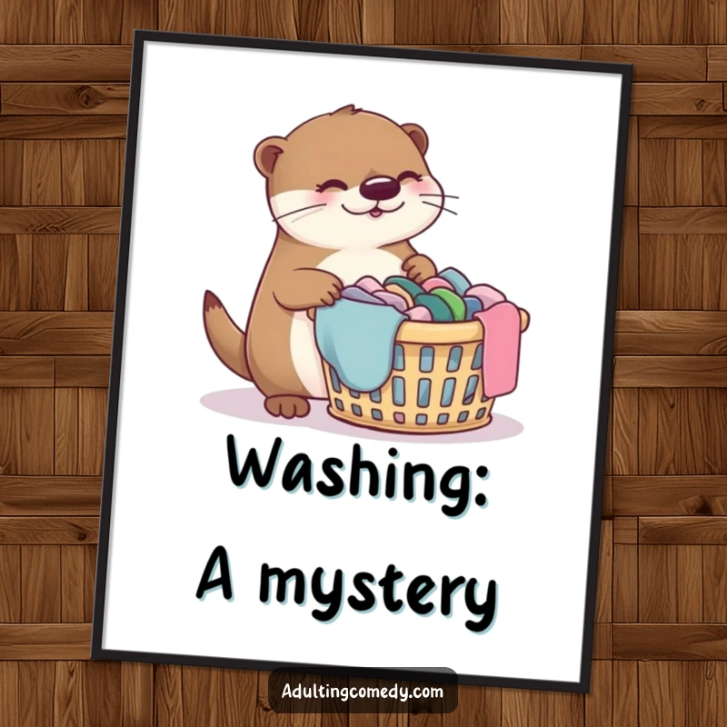 Funny otter digital art print of a bewildered otter facing a mountain of laundry, humorous decor.