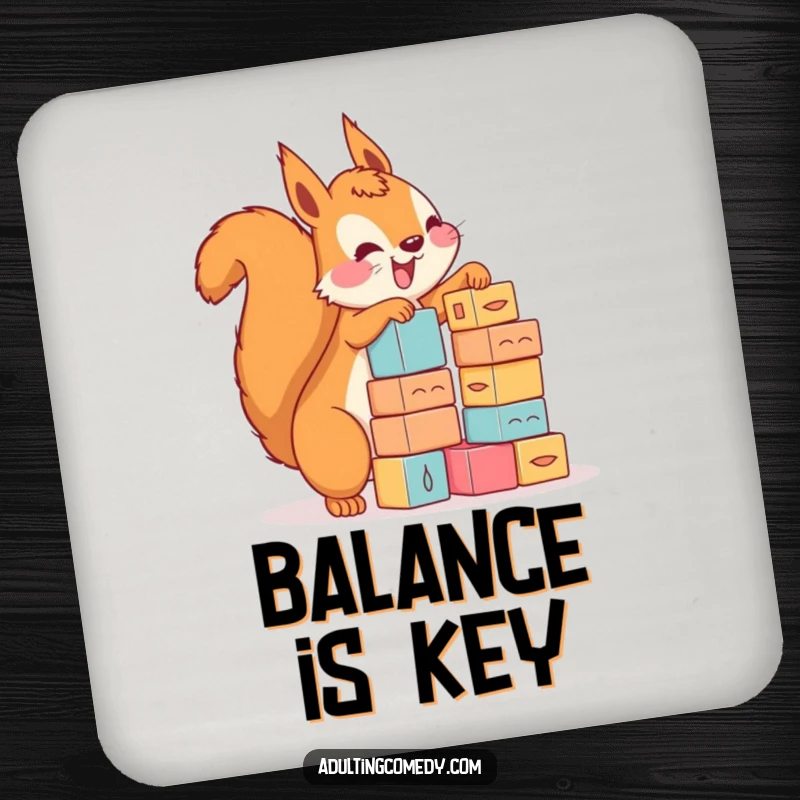 Funny squirrel coaster showing a happy creature stacking tiny blocks with precarious enthusiasm, perfect for drink protection.