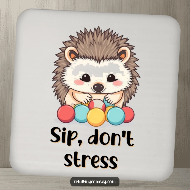 Funny Hedgehog Coaster: A determined hedgehog carefully sorts miniature stress balls with its nose, a humorous and protective addition to any surface.