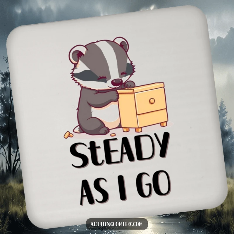 Funny badger coaster showing a busy creature carefully assembling wobbly furniture, perfect for drink protection.