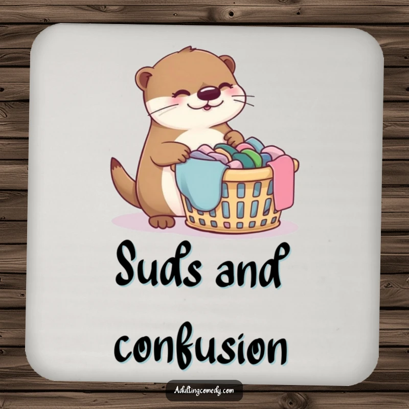 Funny otter coaster featuring a bewildered otter and a laundry basket, a cute and functional item.