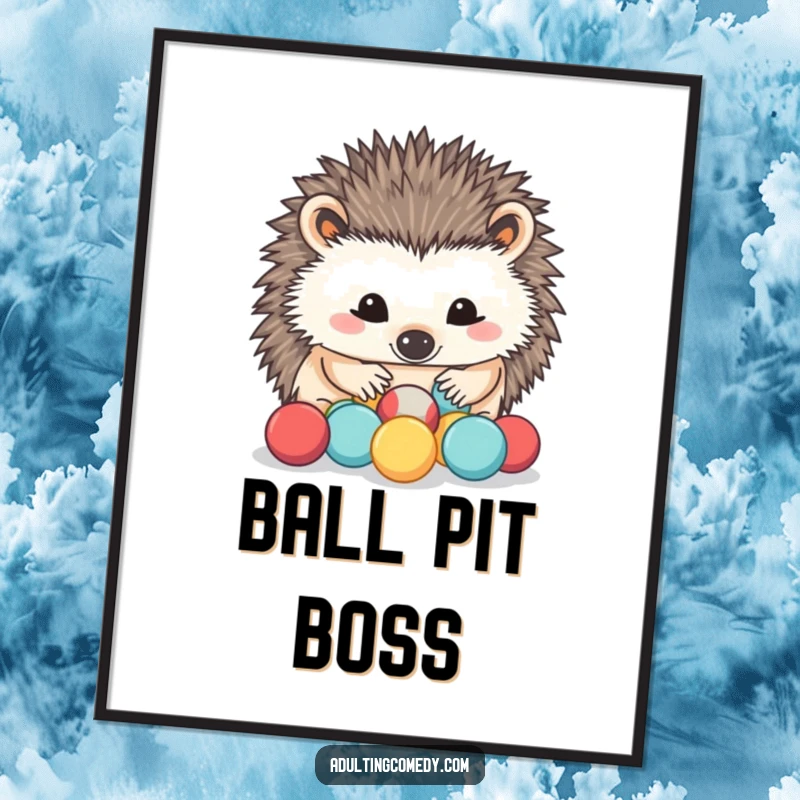 Funny Hedgehog Poster: A determined hedgehog carefully sorts miniature stress balls with its nose, a humorous piece of animal self-care art.