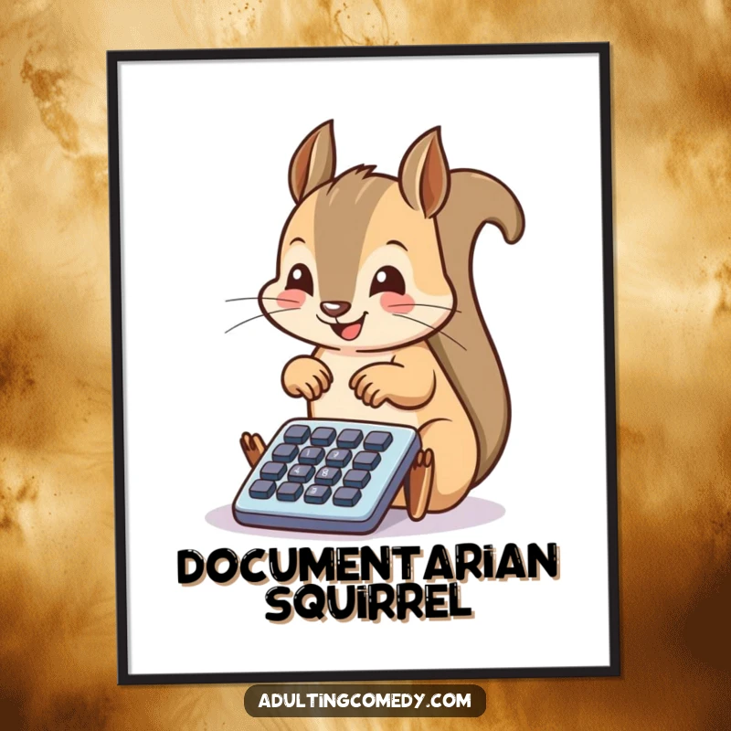 Funny Squirrel Poster: A happy squirrel enthusiastically taps on a tiny filing cabinet drawer, a humorous piece of animal office art.