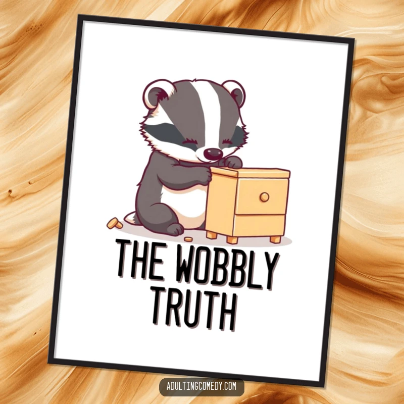 Funny badger poster of a busy animal carefully assembling a small, wobbly piece of furniture, ideal humorous wall art.