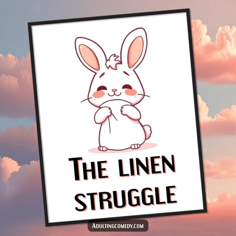 Funny bunny poster of a cheerful rabbit looking confused while trying to fold a massive napkin, ideal humorous wall art.