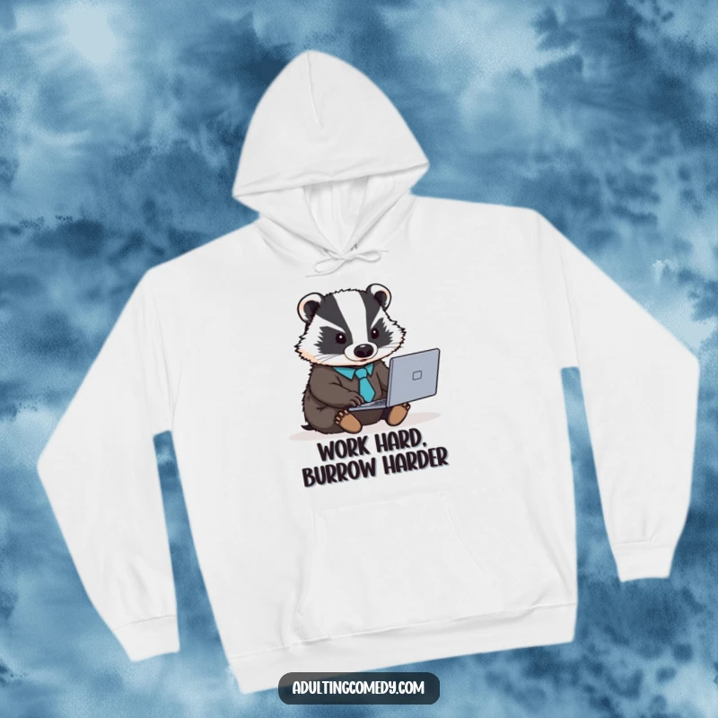 Funny badger hoodie with a miniature tie, working hard on a laptop, perfect for cold days.