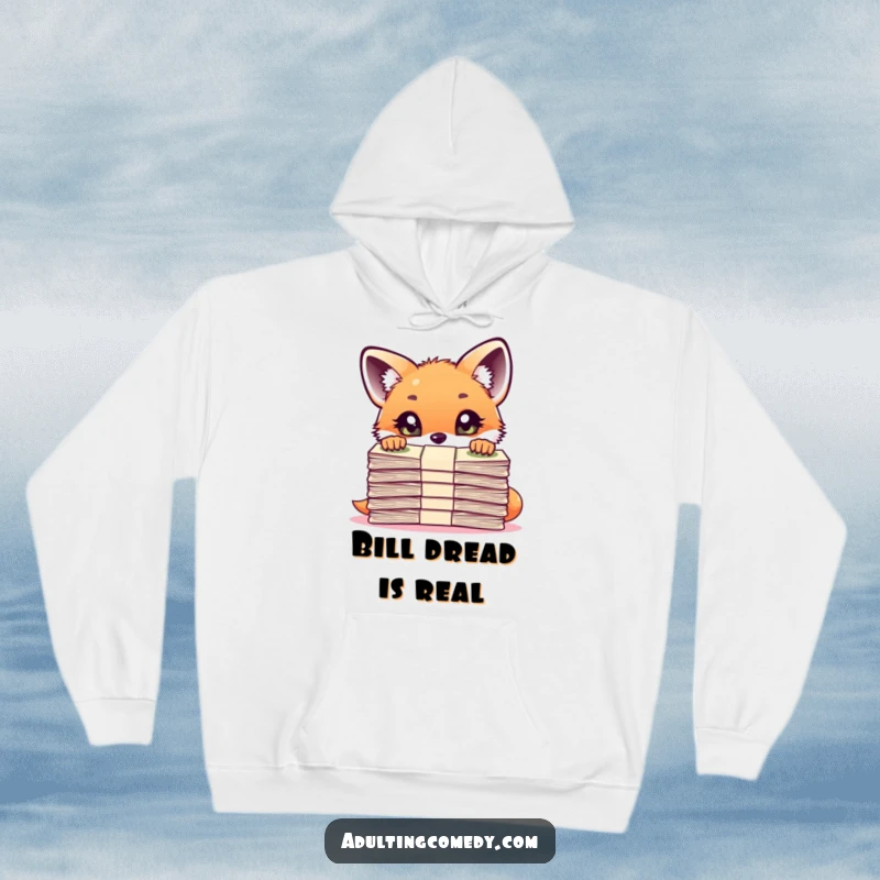 Funny Fox Hoodie: A curious fox cub peers over a large stack of bills with wide eyes, offering a humorous take on financial stress.