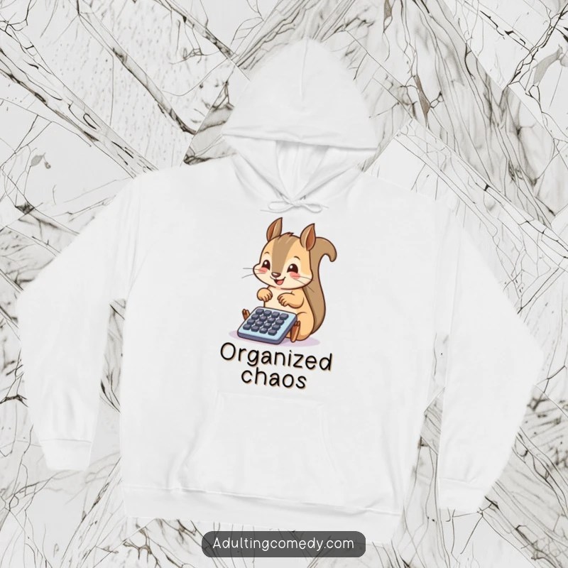 Funny Squirrel Hoodie: A happy squirrel taps enthusiastically on a tiny mock filing cabinet drawer, offering cozy humor and organizational inspiration.