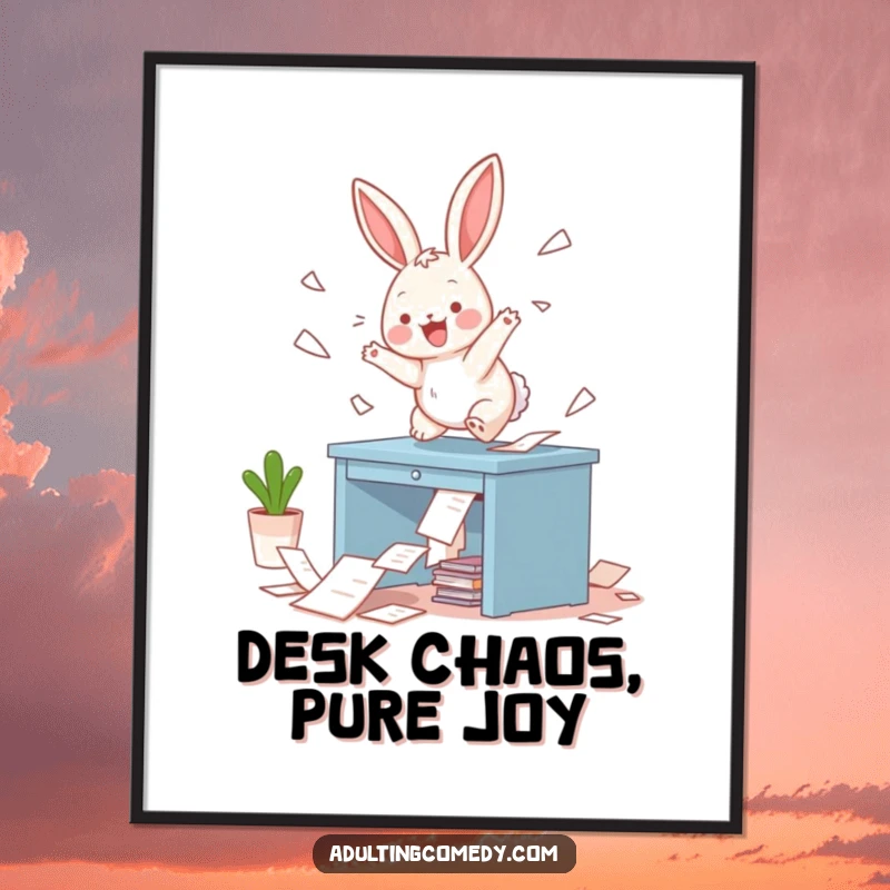 Funny Free Printable Wall Art: A hyper bunny leaps on a miniature desk, scattering papers in a comical frenzy.