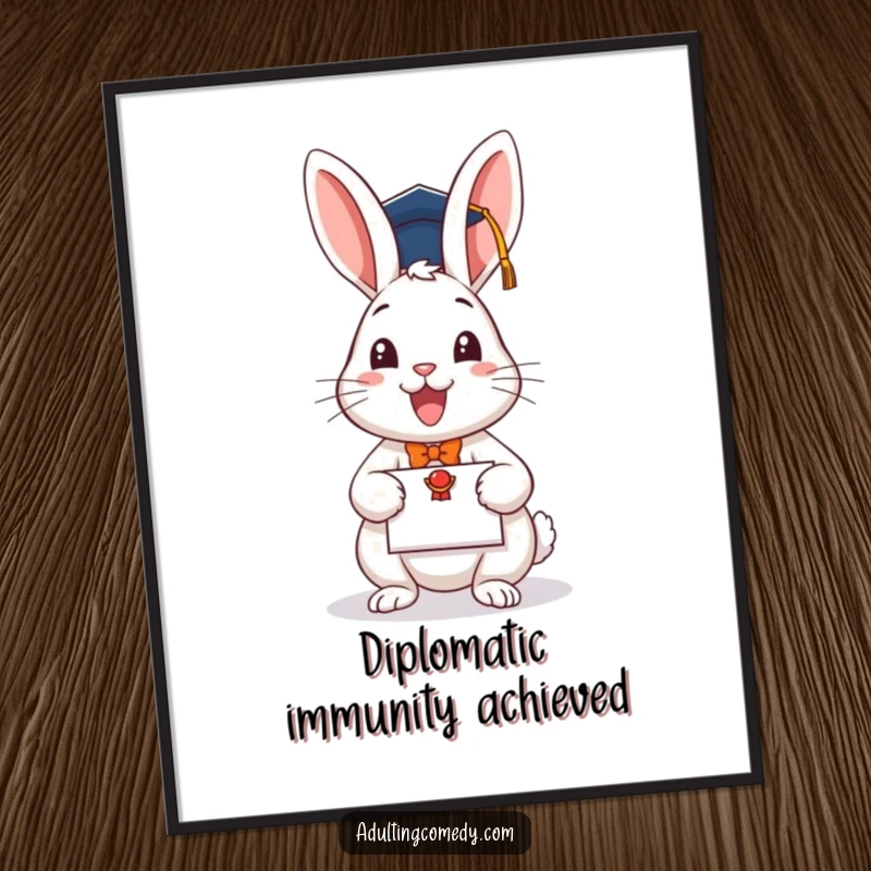 Funny Free Printable rabbit in graduation cap holding diploma, whimsical wall art, downloadable and print at home.
