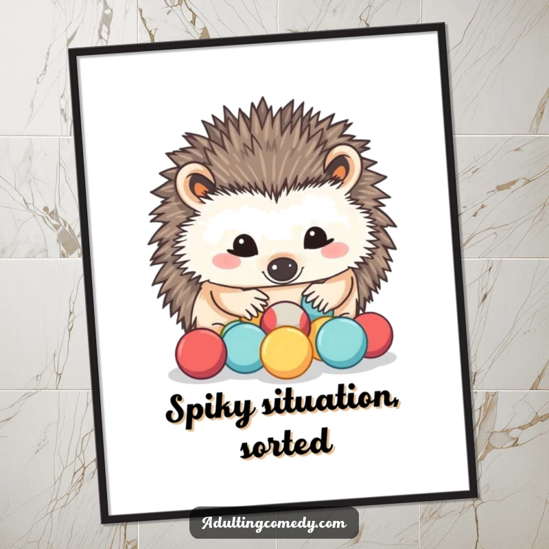 Funny Free Printable Wall Art: A determined hedgehog focuses intently on sorting miniature stress balls with its nose.
