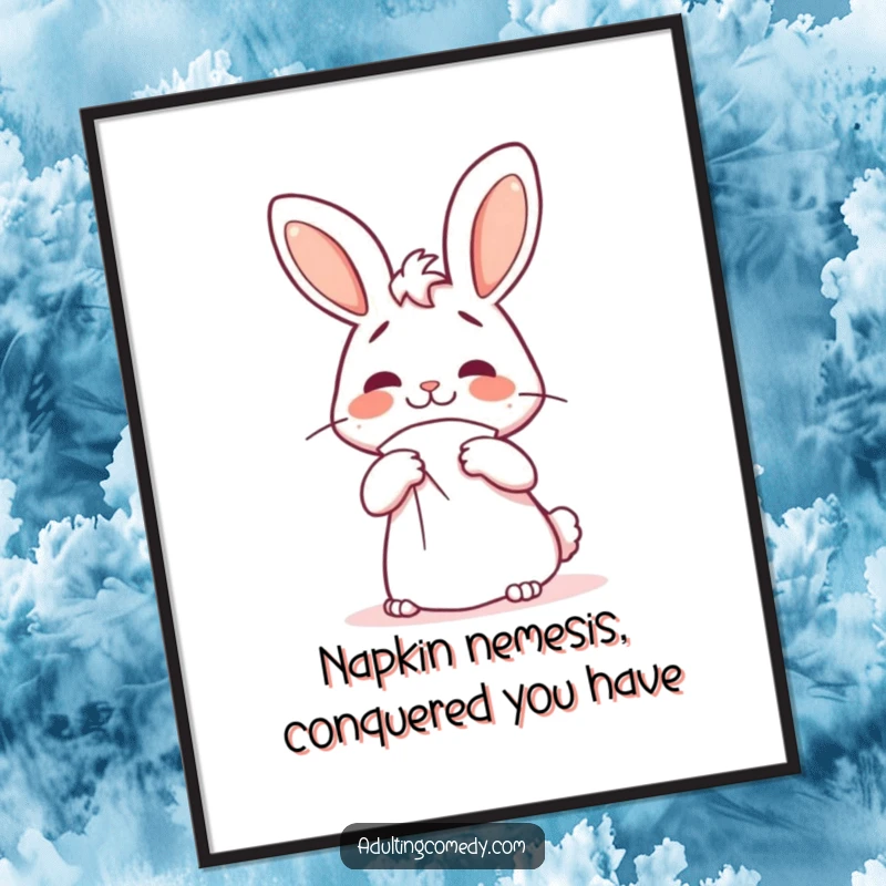 Funny Free Printable Wall Art: Cheerful bunny with a confused face folding a giant napkin, DIY downloadable art.