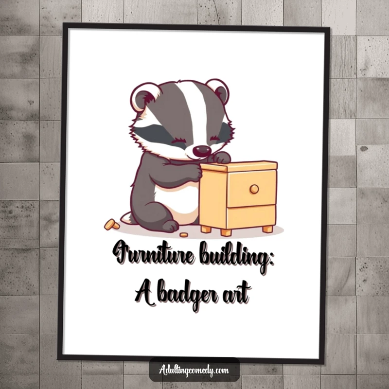 Funny Free Printable Wall Art: Busy badger carefully assembling small, wobbly furniture, DIY downloadable art.