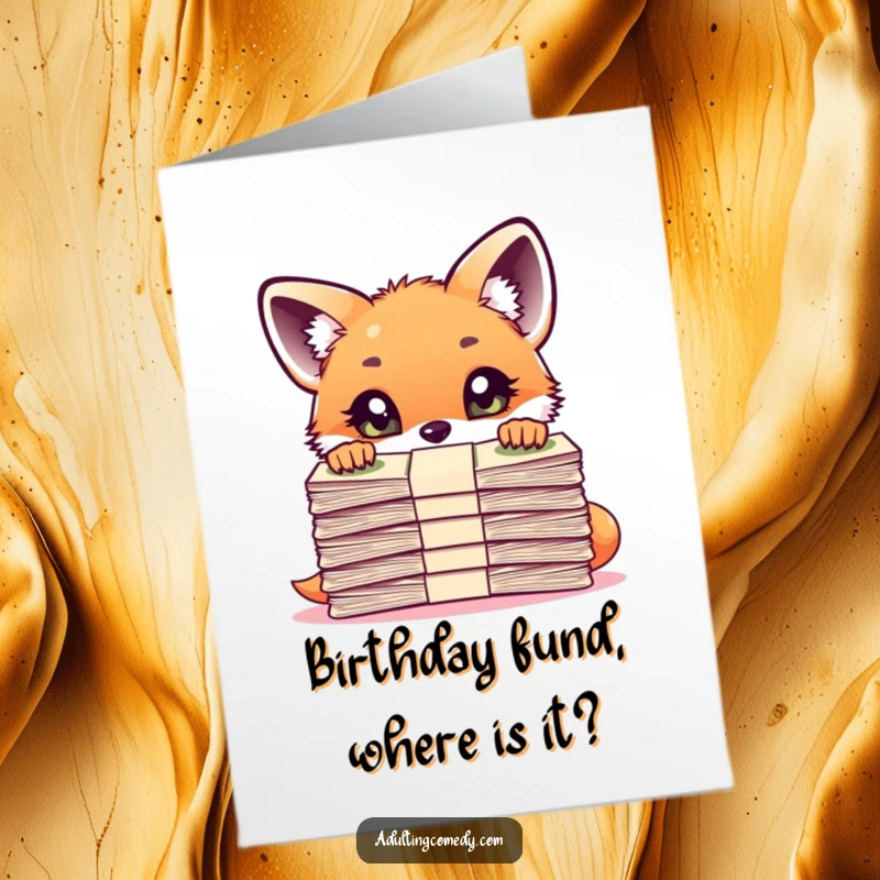 Funny Free Printable Birthday Card: A wide-eyed fox cub peeks over a massive stack of bills, looking bewildered.
