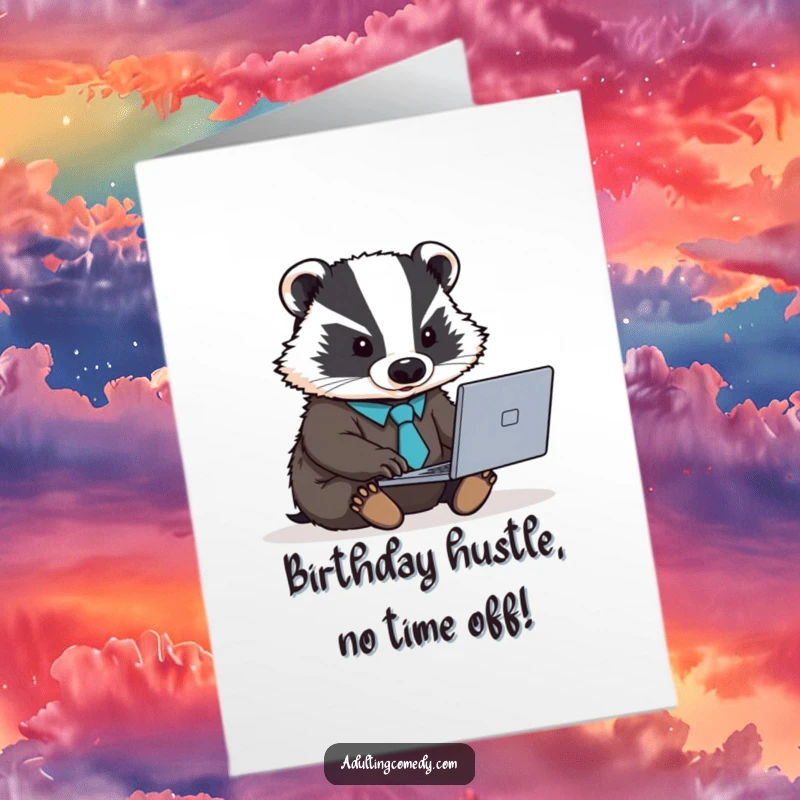 Funny Free Printable badger in tie typing on laptop wishing Happy Birthday, downloadable business humor and print at home.