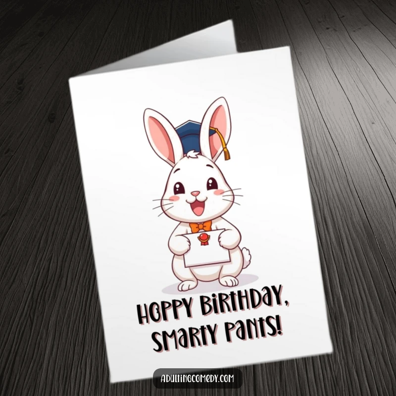 Funny Free Printable rabbit in graduation cap holding diploma wishing Happy Birthday, downloadable and print at home.