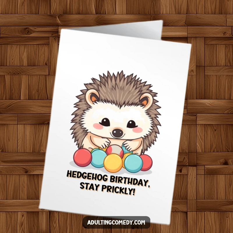 Funny Free Printable Birthday Card: A determined hedgehog carefully sorts tiny stress balls with its sensitive nose.