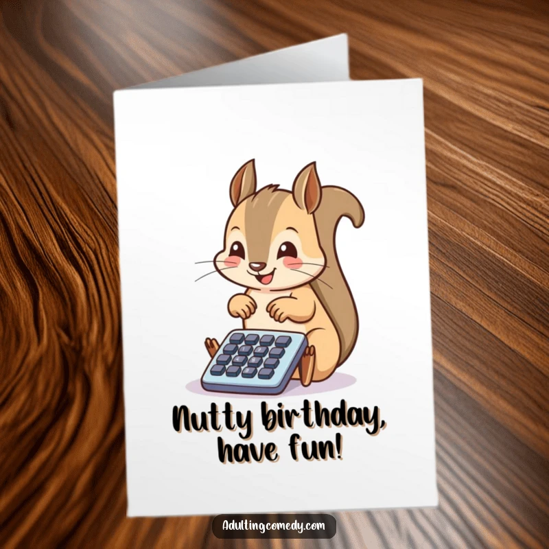 Funny Free Printable Birthday Card: A happy squirrel enthusiastically taps on a miniature filing cabinet drawer.