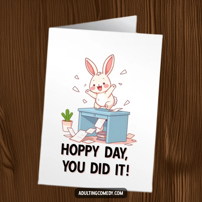 Funny Free Printable Congrats Card: A bunny creates a paper storm on a desk, celebrating success with playful chaos.