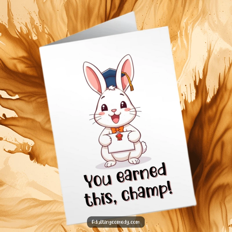 Funny Free Printable rabbit in graduation cap holding diploma congratulating success, perfectly downloadable and print at home.